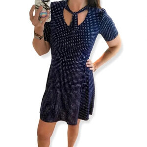 Gilli Medium Navy & White Polka Dot Dress Retro Tie Neck Detail